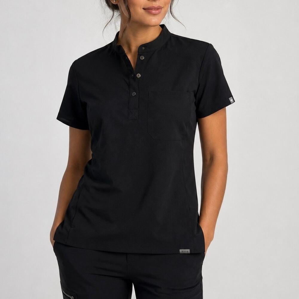 FIGS Technical Collection Scrub Top XS Black Mandarin Collar Healthcare Workwear
